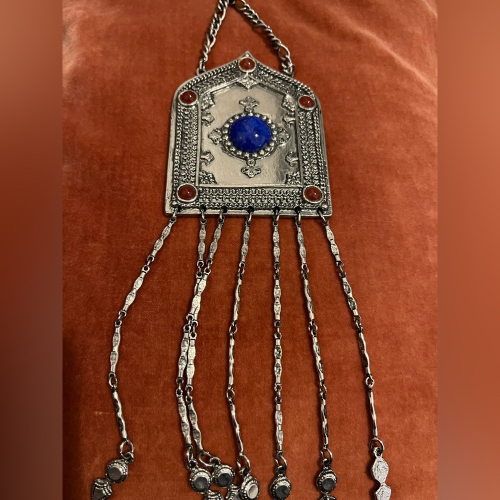 Vintage Gothic Large Silver Statement 60s 70s Necklace with Blue and Red Stones